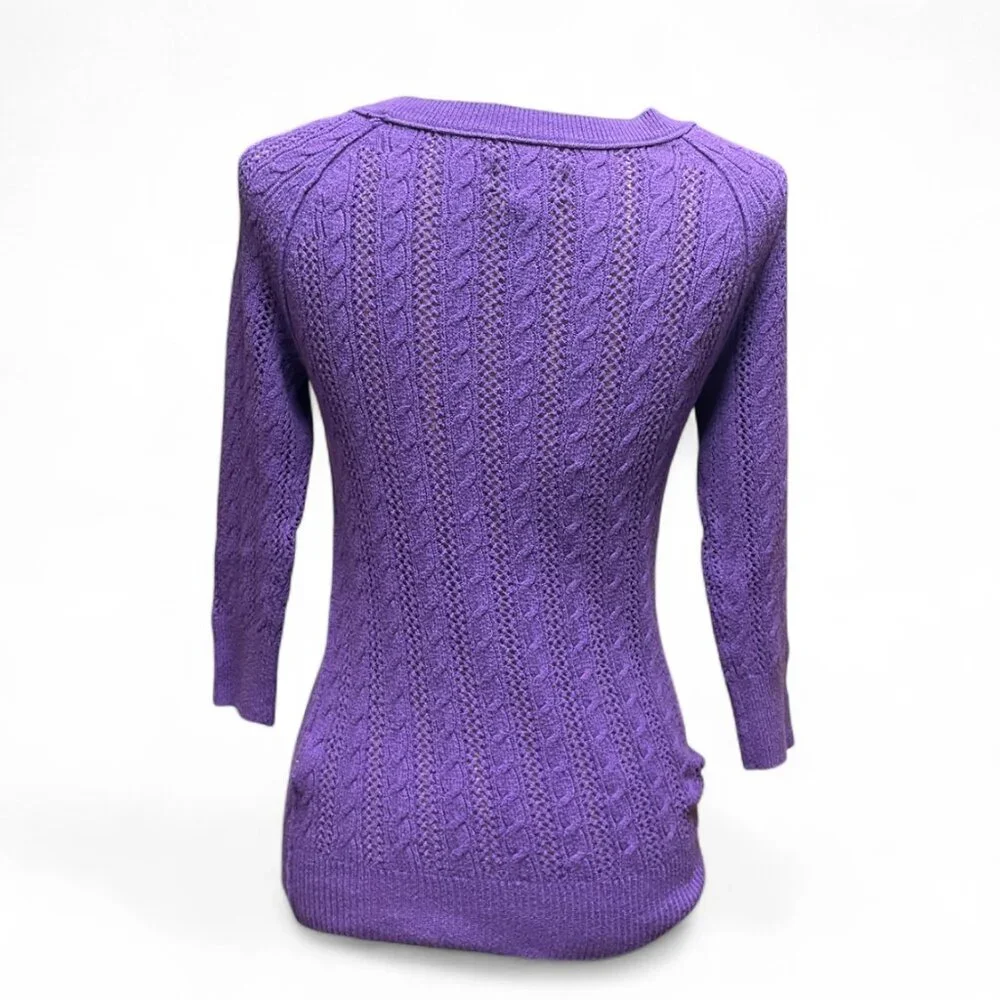 American Eagle Outfitters Y2K Style Purple Cable Knit 3/4 Sleeve Skinny Sweater - Picture 3 of 10